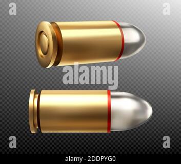 Bullets side and rear view. Copper or gold colored nine mm shots with steel head for parabellum. Military handgun ammo weapon metal gunshots isolated on transparent background realistic 3d vector icon Stock Vector