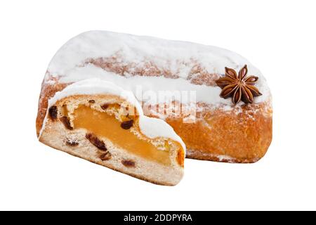 German Christmas Stollen with marzipan isolated against white background Stock Photo
