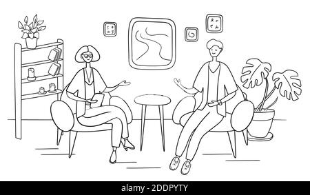 Female presenter asks famous celebrity on TV show. Popular man-star gives interview to television presenter in broadcast studio. Internet interview Stock Vector