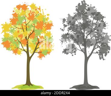 Symbolic Trees with Crowns of Blots, Colorful Autumn and Black and Gray Silhouette Isolated on White Background. Vector Stock Vector