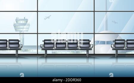 realistic vector airport terminal waiting area interior, with big windows and airplane and chairs for waiting. Stock Vector