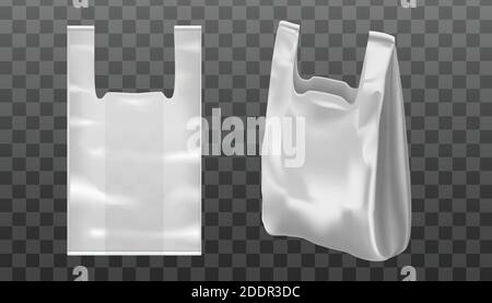 3d realistic vector hand bag with hand hole or handle from plastic or foil. Transparent background. Stock Vector