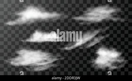Vector realistic collection of clouds on transparent background with cirrus and cumulus clouds. Stock Vector