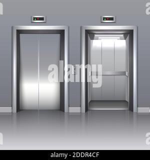 3d realistic vector office building elevator with closed or open doors. Stock Vector