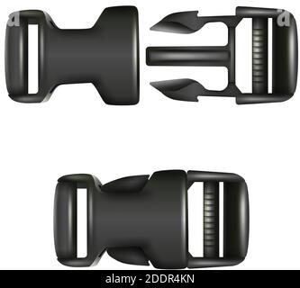 Vector 3d realistic black dual quick release buckle, closed and opened. Isolated on white background. Stock Vector