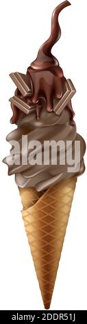 3d realistic vector chocolate collection of ice cream in cone. Isolated on white background. Stock Vector