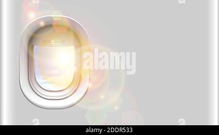 3d realistic vector airplane window with sun light and copy space for your advertisement. Isolated on white background. Stock Vector