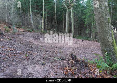 Attenuation pools in Aconbury Wood Herefordshire UK, recently dug by the EA to reduce the damage of water coming down a steep hillside November 2020. Stock Photo