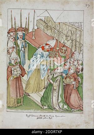 Konstanzer Richental Chronik Verleihung der goldenen Rose, Übergabe an König Sigmund durch den Papst 37r. Stock Photo