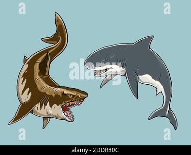 Giant tiger and white sharks. Big shark drawing. Monster megalodon illustration. Stock Photo