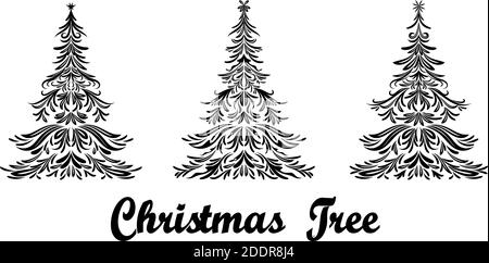 Set Christmas Holiday Fir Trees with Stars, Black Contours Isolated On White Background. Vector Stock Vector
