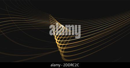 Abstract dynamic 3d background of golden lines curving in the dark space, digital wallpaper backdrop Stock Vector