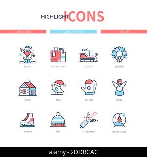 Christmas symbols - line design style icons set. New Year holiday traditions and decorations idea. Santa, shopping bags, sledge, wreath, house, bird, Stock Vector