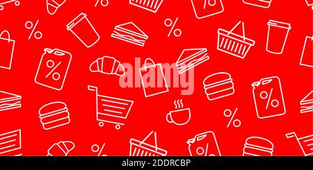 Shopping seamless pattern with food and beverages and cart basket outline icons on red backdrop, wrapping design Stock Vector