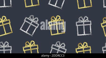 Seamless pattern with modern stylized illustration of gift boxes made of silver and gilden particles on dark backdrop Stock Vector