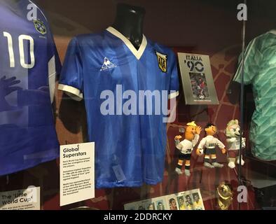 The shirt Diego Maradona wore when he played England in 1986 on display at the National Football Museum in Manchester, It was loaned to them for exhibitions in 2003 by former England midfielder Hodge, who swapped shirts with Maradona after the ÔHand of GodÕ World Cup quarter-final in Mexico City 34 years ago. Stock Photo