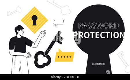 Password protection - modern flat design style web banner with line elements and copy space for text. Data safety, Internet security idea. An illustra Stock Vector