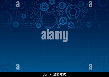Vector abstract technology background. Dark blue background with blue gear wheels. Various cogwheels Stock Vector