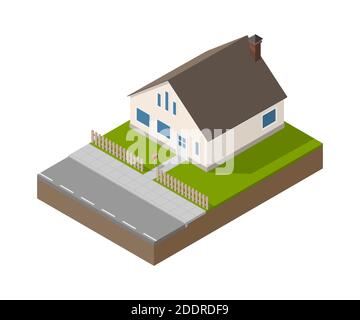 Isometric suburban beige house with door, windows and chimney. Building, fence, mailbox, road, garden and treasure. Vector simple estate isolated. Stock Vector