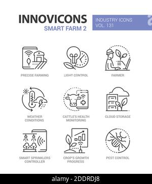 Smart farm - modern colorful line design style icons. Technologies in agriculture industry. Light control, farmer at the laptop, cattle health monitor Stock Vector