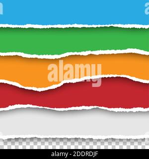 Vector seamless torn papers set on transparent background. Isolated ripped red, blue, green, orange, white paper edges with soft shadow. Template for Stock Vector