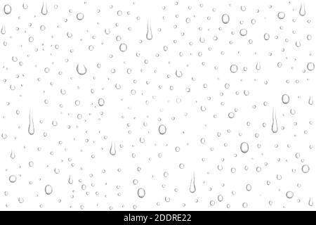 Vector realistic water drops on transparent background. Rain drops without shadows for transparent surface. Many forms and sizes. Stock Vector