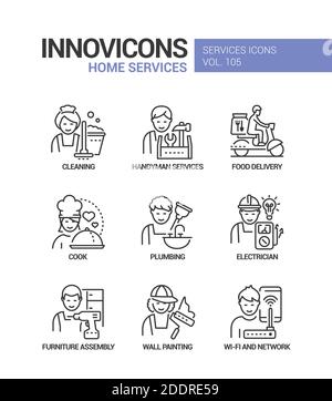 Home services - vector line design style icons set. Household chores idea. Cleaning, handyman, food delivery, cook, plumbing, electrician, furniture a Stock Vector