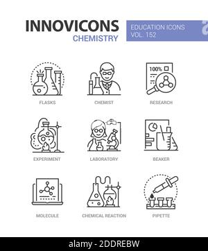 Chemistry - modern line design style icons set. Education and science idea. Flasks, chemist, research, scientific experiment, laboratory, beaker, mole Stock Vector