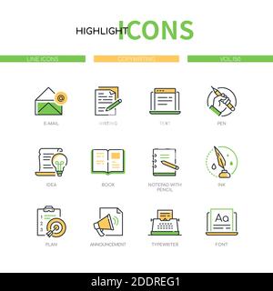 Copywriting - modern line design style icons set. Content management, social media and promotion concept. Email, writing, text, pen, idea, book, notep Stock Vector