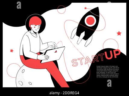 Startup - modern flat design style web banner with line elements and copy space for text. Launching a new project idea. An illustration with a busines Stock Vector