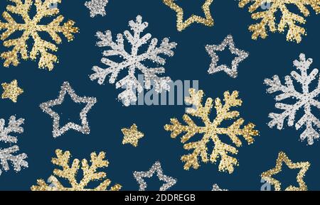 Background texture with silver and golden snowflakes and stars on deep blue backdrop, illustration of metal objects made of shiny particles Stock Vector