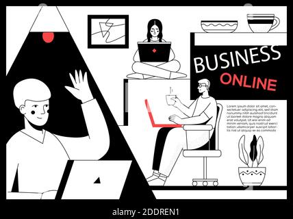 Business online - modern flat design style web banner with line elements and copy space for text. Illustration with managers working from home, sittin Stock Vector