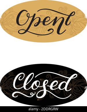Open, closed. Handwritten words on floral background. Stock Vector