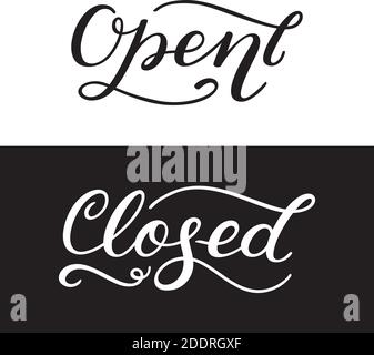 Open, closed. Handwritten words on white and black background. Stock Vector