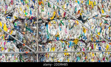 Plastic waste, part of an exhibition to highlight the daily use of plastic products. Stock Photo