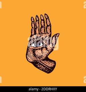 Mystical magic palmistry. Esoteric or alchemy occult sketch for tattoo. Fate in the palm of your hand. Hand Drawn Engraved illustration. Stock Vector