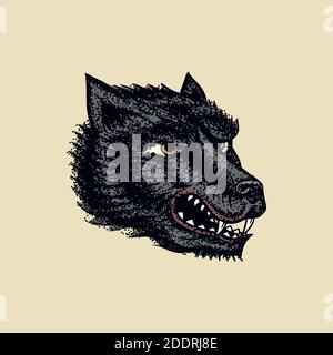 Screaming mad wolf for tattoo or label. Roaring beast. Animal in retro style. Engraved hand drawn line art Vintage old monochrome sketch. Vector Stock Vector
