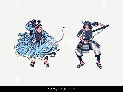 Japanese samurai set. Warriors with weapons sketch. Men in a fight pose. Hand drawn vintage sketches. Vector illustration in monochrome style. Stock Vector