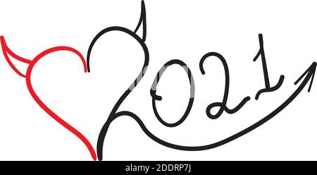 Lettering design element, handwritten, isolated for 2021 calendar. Heart with horns Stock Vector