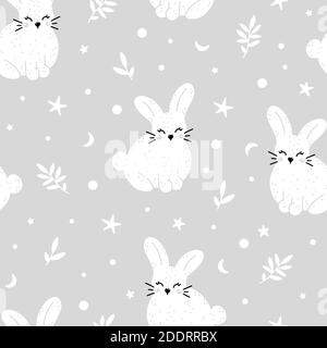 Cute rabbit nursery seamless pattern with abstract elements isolated on gray background. Monochrome hand drawn vector illustration in Scandinavian sty Stock Vector
