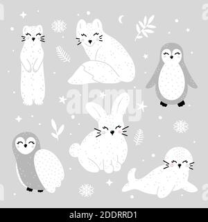 Cute collection of winter animals: ermine, fox, penguin, owl, rabbit and seal with abstract dots, stars and winter elements. Monochrome hand drawn Sca Stock Vector