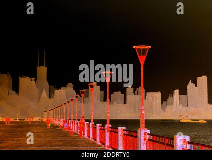 Chinese cityscape with inverted colours from the original image. Stock Photo