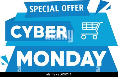 cyber monday lettering in ribbon frame with shopping cart Stock Vector