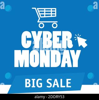 cyber monday lettering in square label with shopping cart and arrow cursor Stock Vector