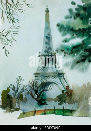 watercolor postcard with Eiffel Tower in Paris, France, view from Trocadero park Stock Photo