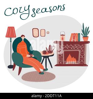 Young man is sitting on chair in his pajamas. Cozy living room interior. Quarantine concept. Staying at home, taking care of your health, self-isolati Stock Vector