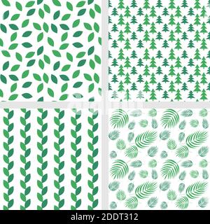 Green plant seamless patterns set. Square floral backgrounds for tablecloths, napkins and other textile products. Leaves vector digital paper swatches Stock Vector