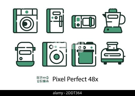 Modern set of household appliances linear icons, microwave oven, stove, toaster isolated on white background, flat vector illustration Stock Vector