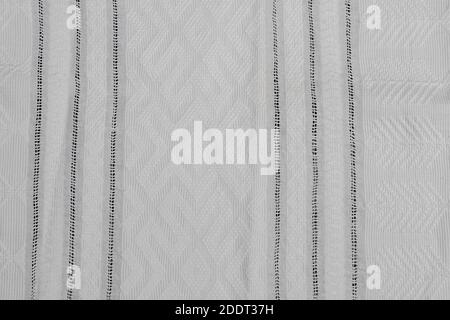 Textile background with white tablecloth. Texture of ancient linen canvas handmade. Copy space. Place for food and drink. Restaurant, menu Stock Photo