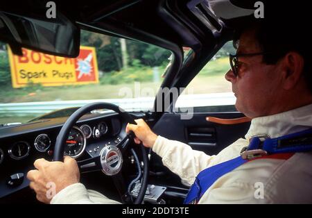 Ford GT40 MKII Winner of the 1966 Le Mans 24 Hour race. Historic racing driver at the wheel. Stock Photo